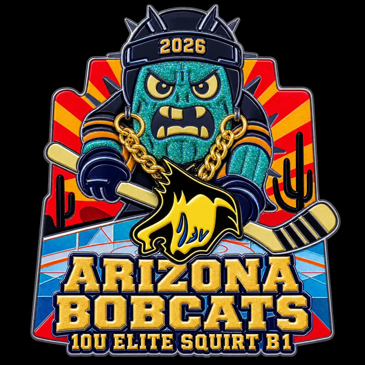 A shaped trading pin for the Arizona Bobcats Elite team: a glitter cactus mascot in a spiked helmet wearing a gold chain with a bobcat pendant, over a desert sunset