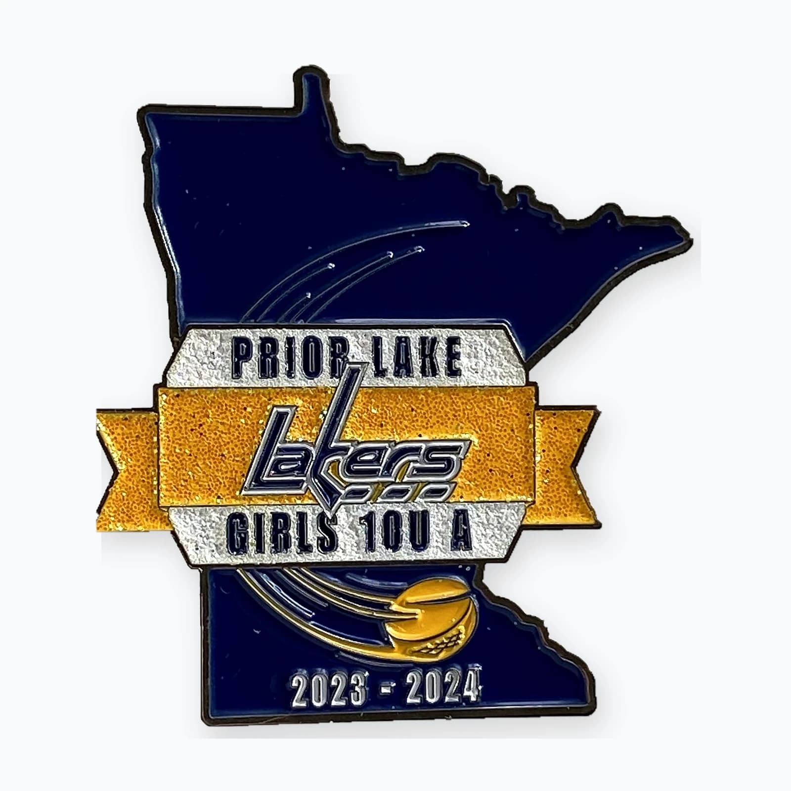 A navy Minnesota-shaped Prior Lake Lakers girls trading pin
