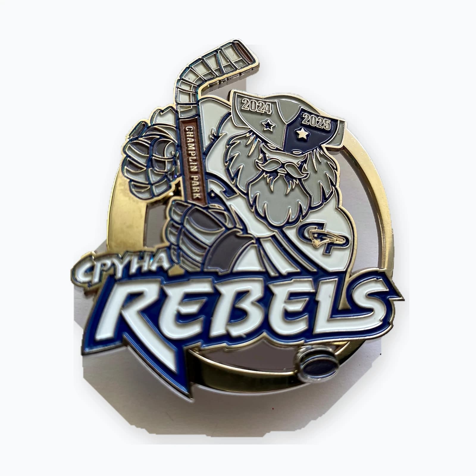 A Champlin Park Rebels trading pin with a gopher mascot