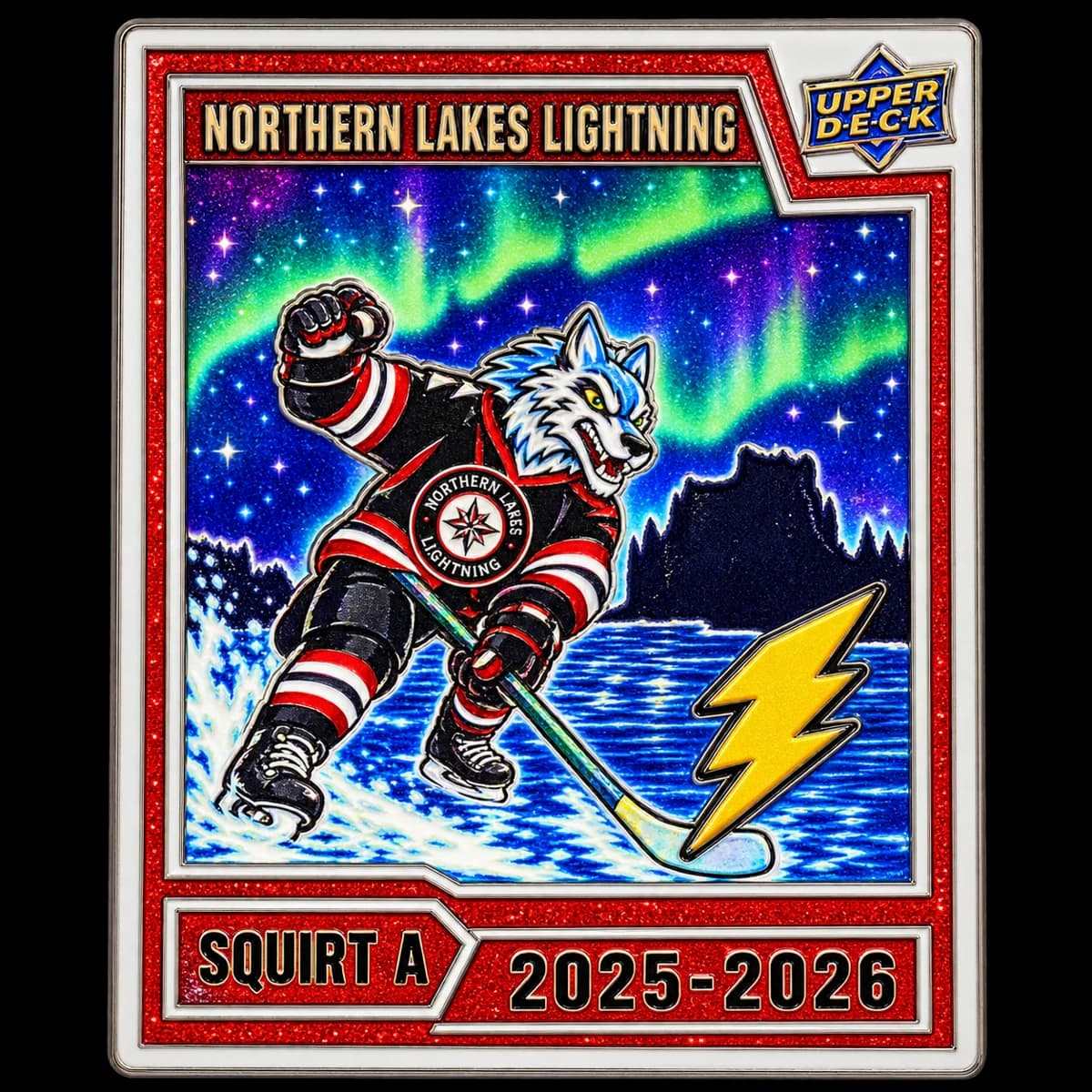 A rectangular trading-card style pin for Northern Lakes Lightning Squirt A: a wolf in team colors skating under the northern lights, with a red glitter border and a yellow lightning bolt