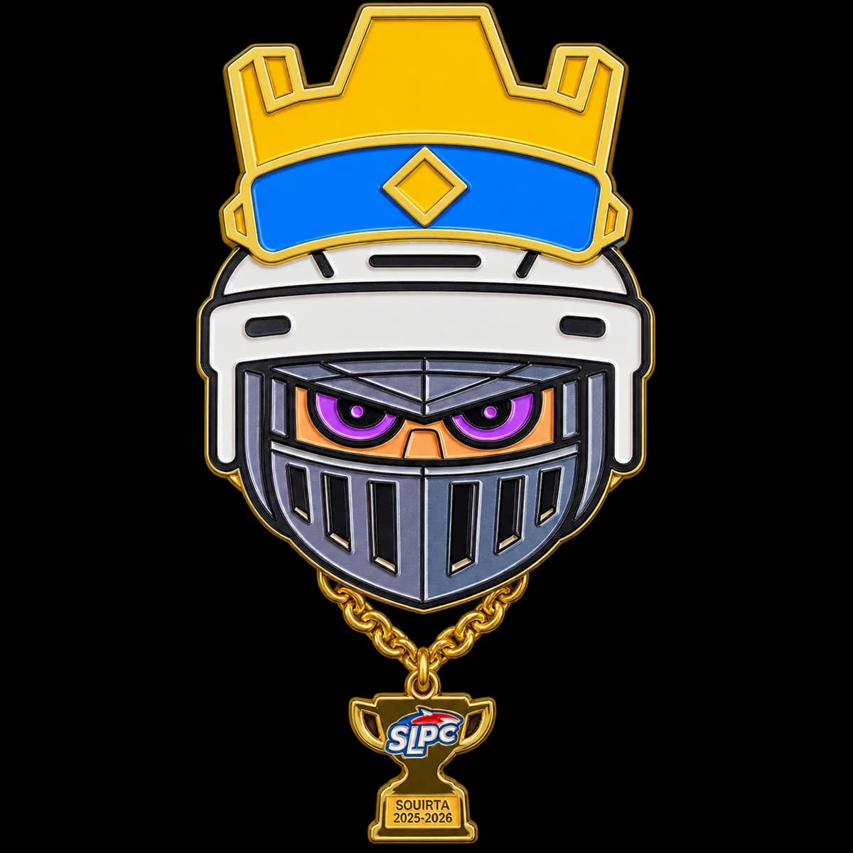 A shaped trading pin of a knight wearing a hockey helmet and gold crown, with a gold chain holding a small trophy charm