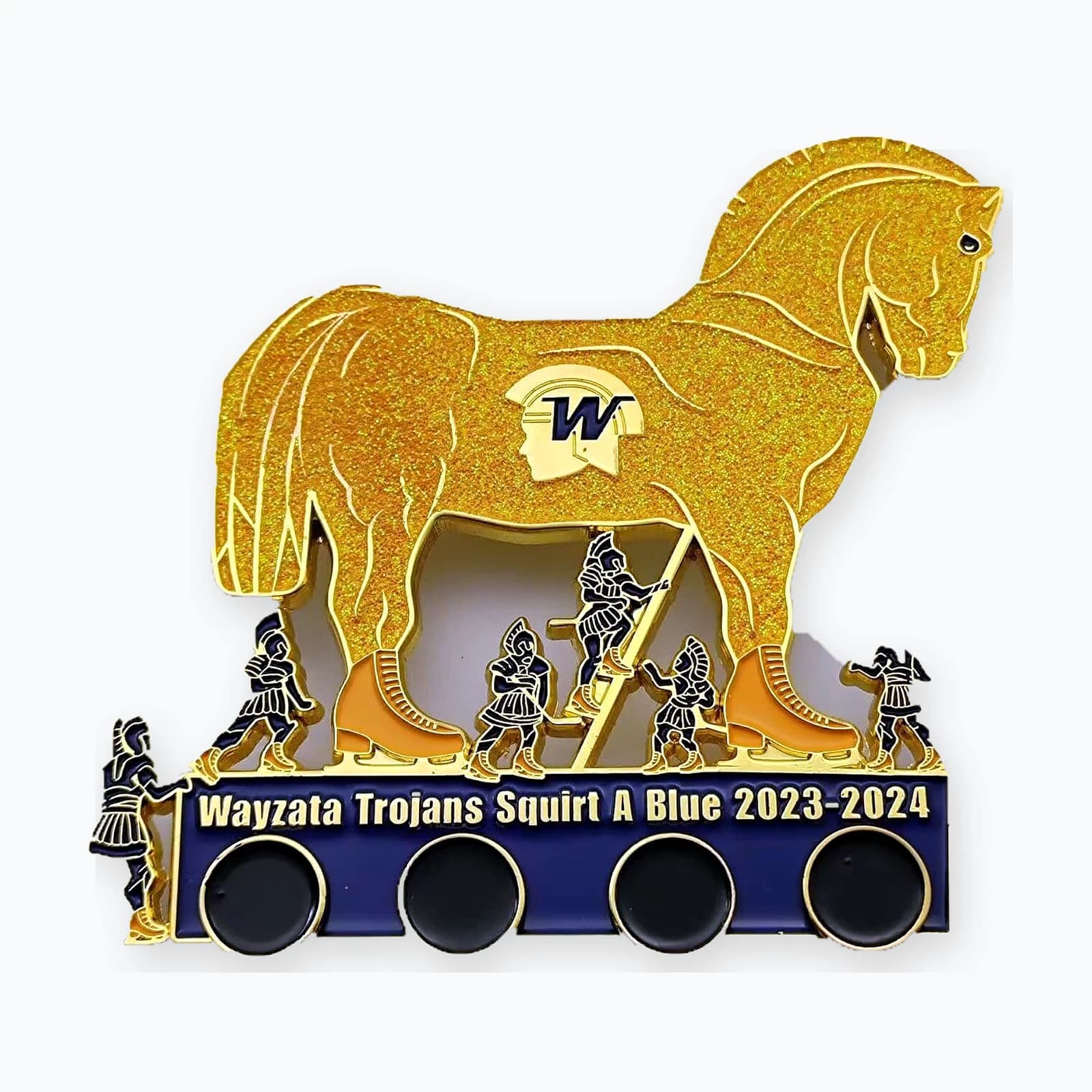 A gold glitter trojan horse trading pin with four dangler loops beneath it